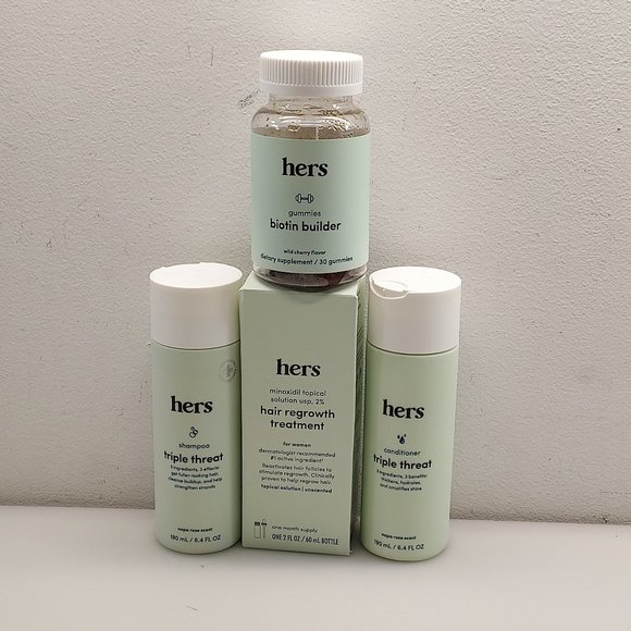 HERS HAIR REGROWTH TREATMENT KIT MINOXIDIL SHAMPOO CONDITIONER BIOTIN GUMMIES.. - Picture 1 of 7